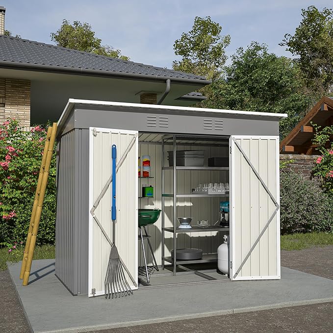 4X8 FT Outdoor Storage Shed W/Floor Base,Metal Shed W/Lockable Door & 2 Air Vents,All Weather Garden Tool House W/Updated Frame Structure,for Backyard Patio Lawn,Gray