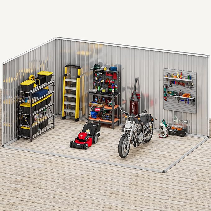 DWVO 12x8ft Metal Outdoor Storage Shed with Window, Lockable Tool Storage Sheds, Oversized Steel Garden Sheds with Sloped Roof for Backyard, Patio, Garage, Lawn, Gray & White