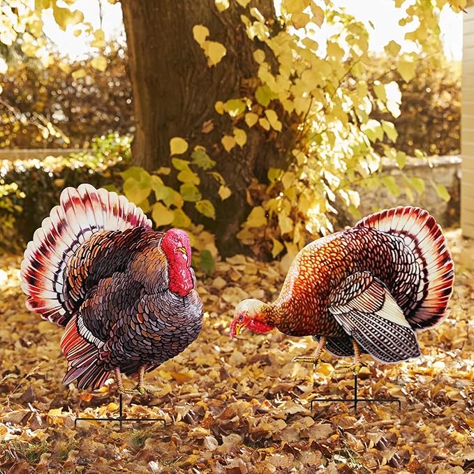 A Set of Metal Turkey Garden Wooden Stakes, 2 Outdoor Thanksgiving Yard Decorations, Colorful Turkey Garden Statues, Waterproof and Stable (Colorful Turkeys)