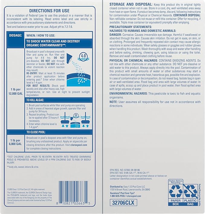 Clorox® Pool&Spa™ Shock Clear, for Crystal Clear Swimming Pool Water, Swim-ready in 15 minutes, Suitable for vinyl pools (6-Pack)