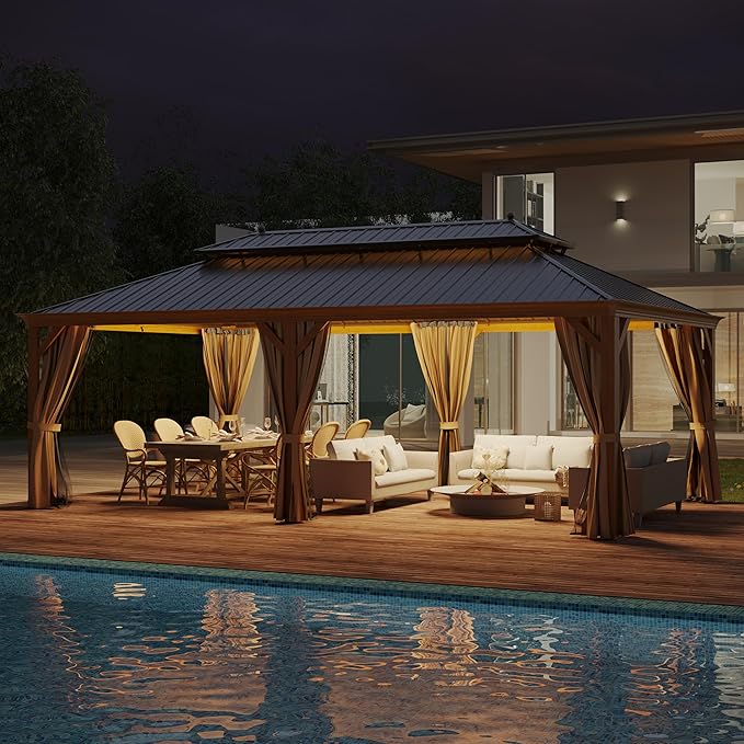 14'x22' Hardtop Gazebo, Outdoor Aluminum Galvanized Steel Wooden Finish Coated Double Roof Canopy with Netting and Curtains for Garden Patio, Backyard, Deck and Lawns.