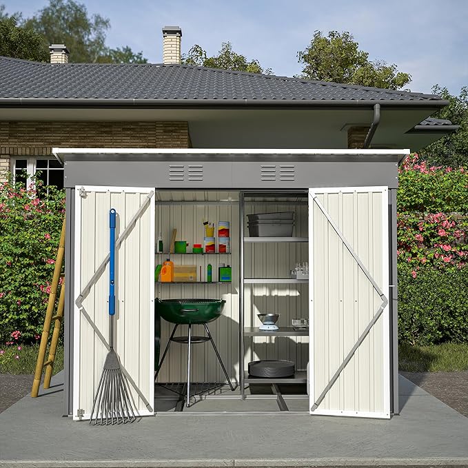 4X8 FT Outdoor Storage Shed W/Floor Base,Metal Shed W/Lockable Door & 2 Air Vents,All Weather Garden Tool House W/Updated Frame Structure,for Backyard Patio Lawn,Gray