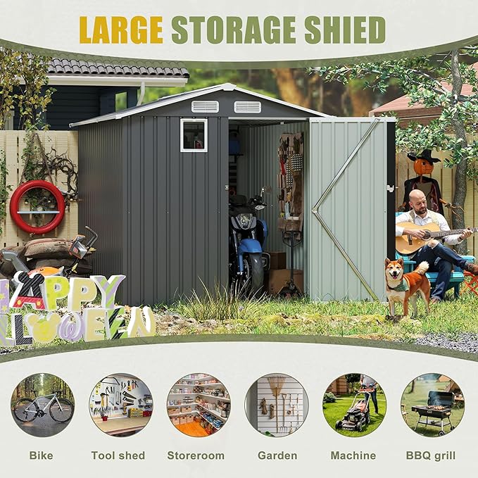 6x8 FT Outdoor Metal Storage Shed with Lockable Door, Steel Garden Utility Shed with Vents and Window, Backyard Patio Tool Shed for Lawn Equipment, Bike, Firewood and Mower Storage, Gray