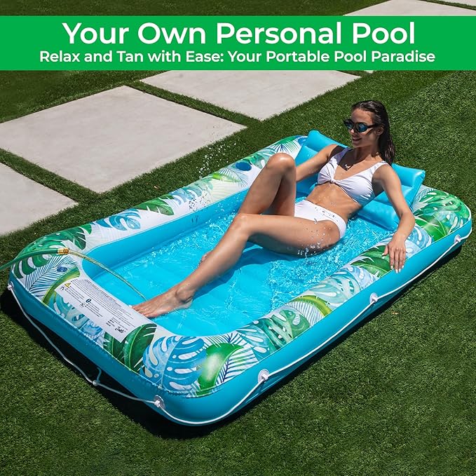 JAMBO Inflatable Tanning Pool Lounger Float, 70 x 47 Sun Tanning Pool Float with Pillow, Water Lounge Raft, Pool Floatie for Adults, Tanning Raft Pool Tub, Water Tanning Bed Kiddie Pool Tanning Floats