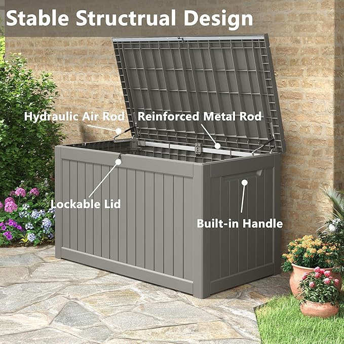 Outdoor Storage Box, 230 Gallon Deck Box, Waterproof and UV Resistant Large Resin Storage Bin, Organization and Storage for Patio Furniture, Outdoor Cushions, Garden Tools, Lockable