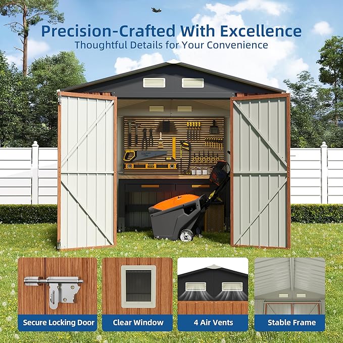 6x8FT Outdoor Storage Shed, Metal Garden Shed with Updated Frame Structure & Lockable Doors, Large Tool Shed for Backyard, Patio,Lawn,Utility & Bike Storage