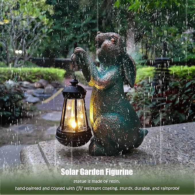 Rabbit Garden Statue Outdoor Décor with Solar Lights Lantern,Rabbit Solar Light Figurines Outside Decorations for Yard，Lawn, Patio, Balcony, Unique Housewarming Gifts