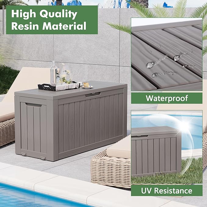 NUNU LAB 76 Gallon Deck Box, Large Resin Outdoor Storage Box, Waterproof Patio Storage Container with Double Wall Panels for Cushions, Garden Tools, Pool Toys, and Packages,Grey