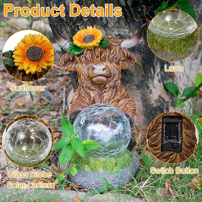 Highland Cow Outdoor Statue with Solar Transparent Ball for Garden Outside Yard Lawn Decor Highland Cow Figurine Porch Patio Balcony Home, Birthday Gifts for Mom Women