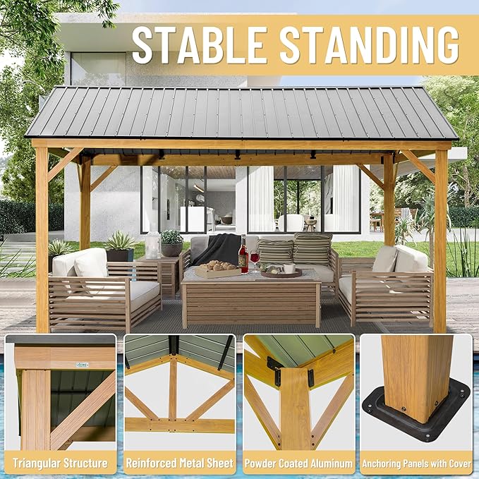Domi 12' x 14' Hardtop Gazebo with Galvanized Steel Gable Roof, Pergola with Wood-Looking Aluminum Frame, Permanent Pavilion Outdoor Gazebo with Ceiling Hook for Deck Patio Lawn Yard Backyard Grill