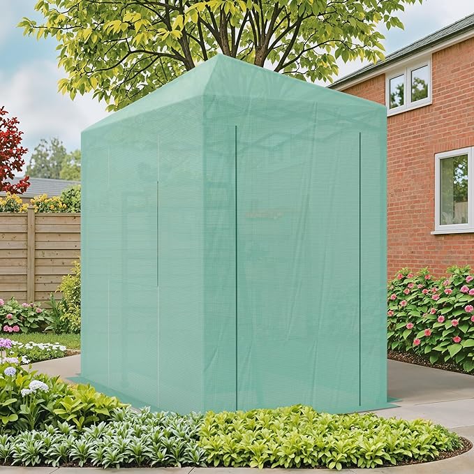 Devoko Walk-in Greenhouse, Portable Pop-in Green House with Zippered Door and 2 Roll-up Windows and PE Cover, Portable and Easy Assemble (Green, 6x4 Feet)