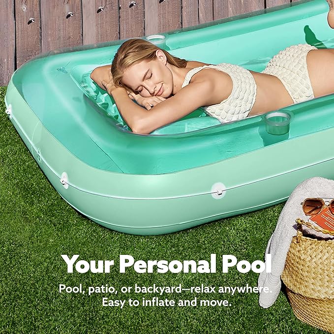 SLOOSH Inflatable Tanning Pool Lounger Float, 70" x 46" Pool Floats Adult with Pillow, 4 in 1 Suntan Tub Raft Floatie,Sunbathing Bed Lounge for Water Blow Up Kids Ball Pit Party Gifts, L-Cyan