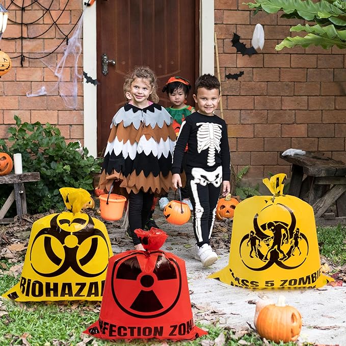 CNhoqc Halloween Lawn Trash Bags - 18Pcs Zombie Warning Reusable Waste Bags with Twist Ties, Fallen Leaf Grass Clipping Trash Container, Heavy-Duty Plastic for Biohazard Parties Outdoor Decorations