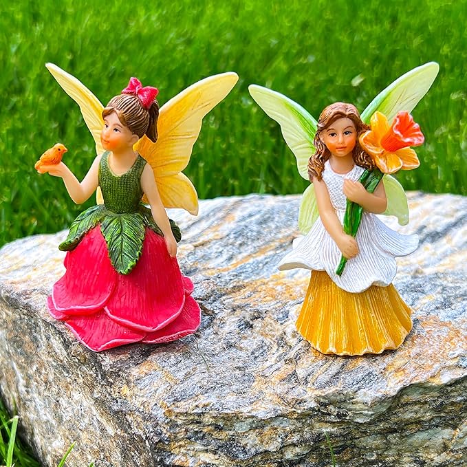 Mood Lab Fairy Garden - Miniature Fairy Figurines - Flower Girls Set of 2 pcs - Narcissus & Rose Fairies Accessories Statue Kit