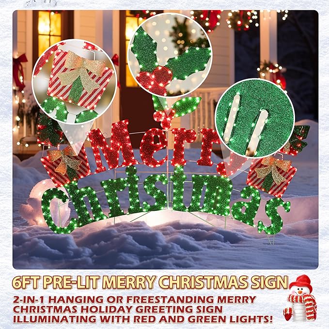 VEIKOU 6FT Merry Christmas Sign, Lighted Outdoor Christmas Decorations with 456 LED Lights, 5-Meter Power Cord, Xmas Decorations Outside for Holiday Backyard Party