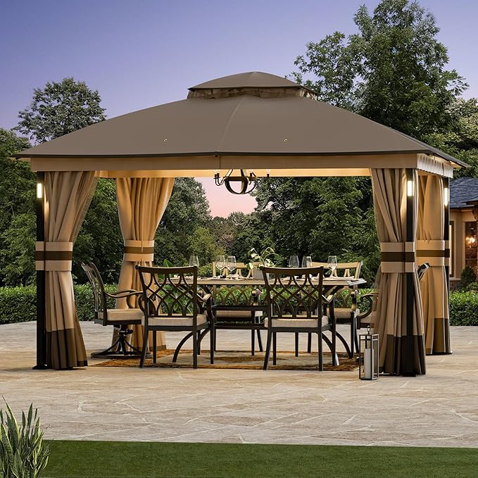 Patio Gazebo 11'x13' with LED Lights & Bluetooth Speaker, Heavy Duty Outdoor Canopy Shelter with Metal Frame, Double Roofs, Soft-top Gazebo with Netting and Curtains for Backyard