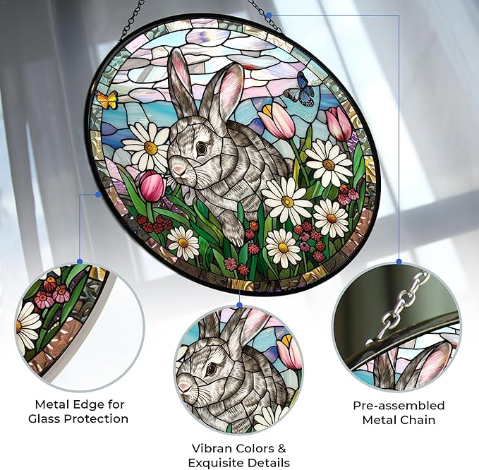 Bunny Stained Glass Suncatcher Four Season Theme Colorful Leaves Window Wall Hanging Ornament Hand-Painted Glass Panel Decor Gift for Women Christmas Thanksgiving Gift 6.3"