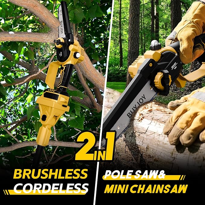 2-in-1 Cordless 6 in Pole Saw for Tree Trimming,15.5 ft Extended Reach Electric Saw with 180° Adjustable Head, Brushless Motor, 2 x 1300 Ah High-Capacity Batteries & Extra Chain