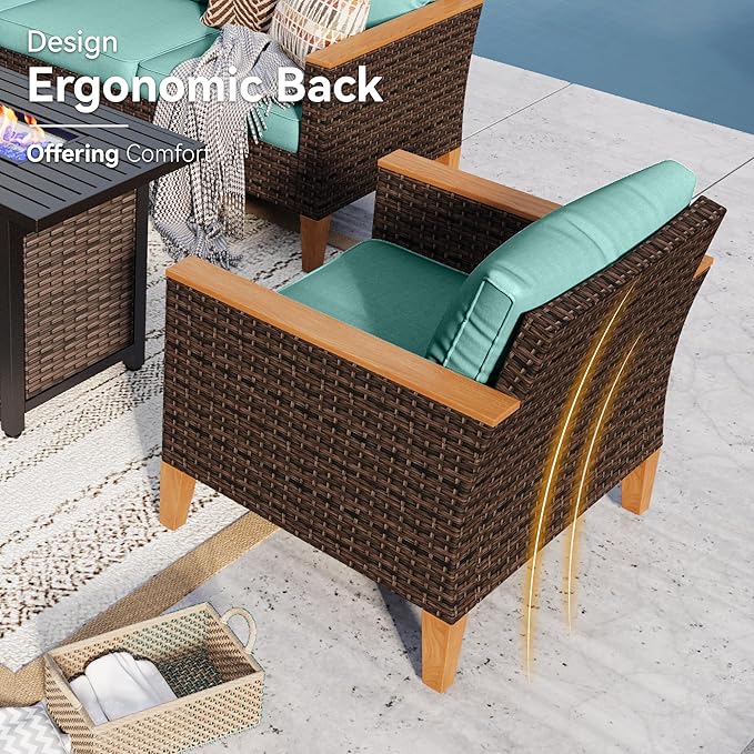 GREEN PARTY 9 Pieces Wicker Patio Furniture Set with 56" Fire Pit Table, All-Weather Outdoor Rattan Patio Sectional Sofa Conversation Set 9 Seats with 4" Thick Cushions for Garden, Backyard (Blue)