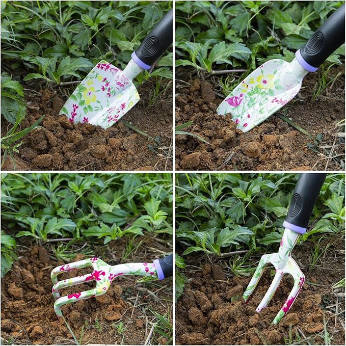 JUMPHIGH Gardening Tool Set, 10 PCS Heavy Duty Aluminum Garden Kit Floral Gardening Gifts for Women, Garden Hand Tools with Non-Slip Rubber Handle, Kneeling Pad, Garden Gloves and Storage Tote Bag