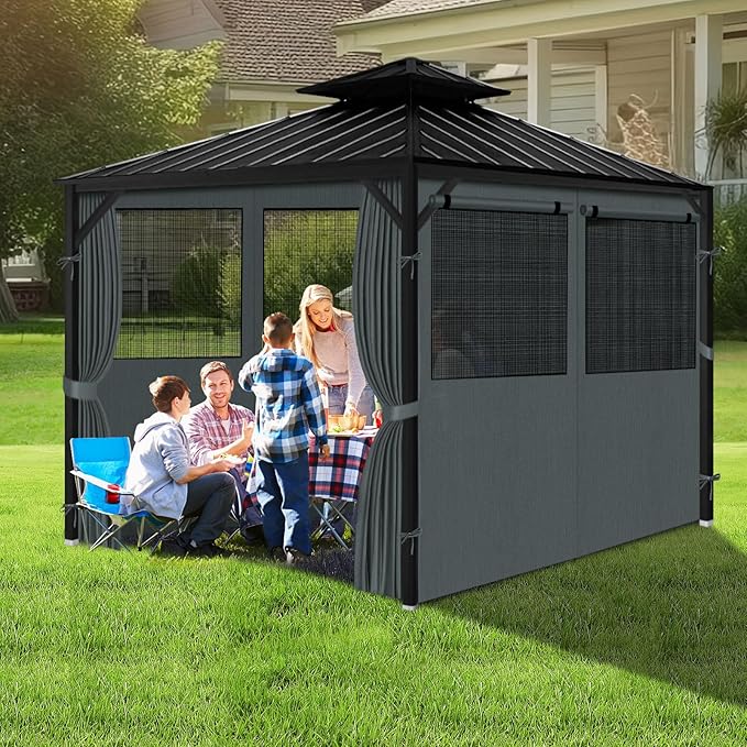 Gazebo Privacy Curtain 10'x12', Replacement Curtains with Mosquito Net Windows, 4-Panels Side Wall, Zippers, Waterproof Outdoor Curtains for Patio, Canopy, Garden and Backyard, Gray (Curtain Only)
