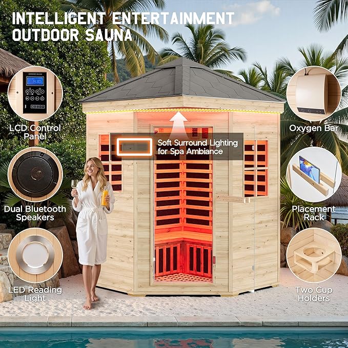 Albott Outdoor Sauna 4 Person, Infrared Saunas for Home, Low EMF 2850W/240V Spruce Wood Dry Sauna with Tourmaline Stone Foot Warmer, 7-Color Light Therapy & 2 Bluetooth Speakers, 59.1"x59.1"x98.4"