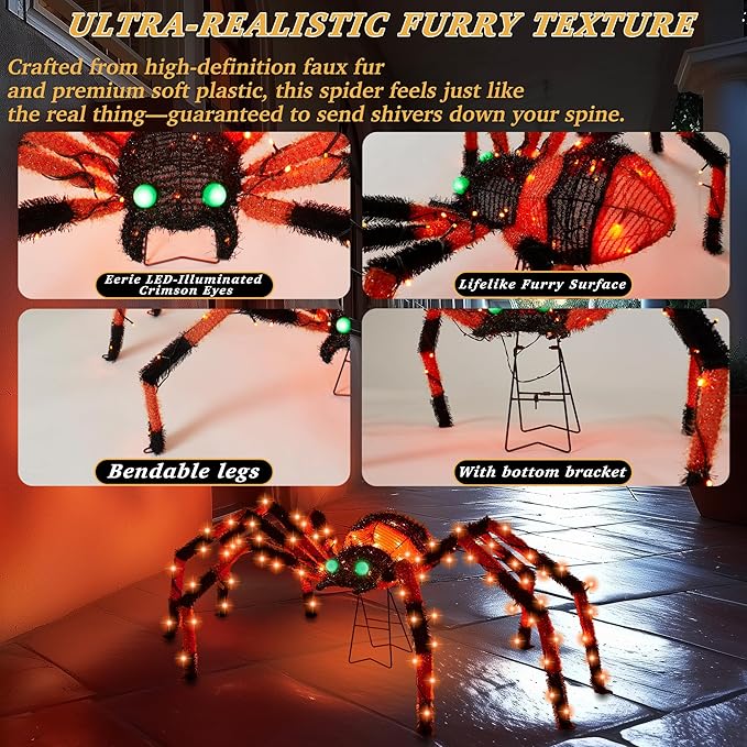 4.2Ft Giant Spider Halloween Decorations Outdoor 52" Light Up Spider with 90 LED Lights for Front Yard, Porch, Garden, Lawn, Halloween Party (Orange)