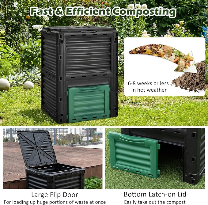 Happygrill Outdoor Compost Bin, Composting Box w/Top Flip Latch-on Lid,80 Gallons Composter for Kitchen Waste & Garden Scraps, Compost Barrel for Fast Creation of Fertile Soil (Black+Green)