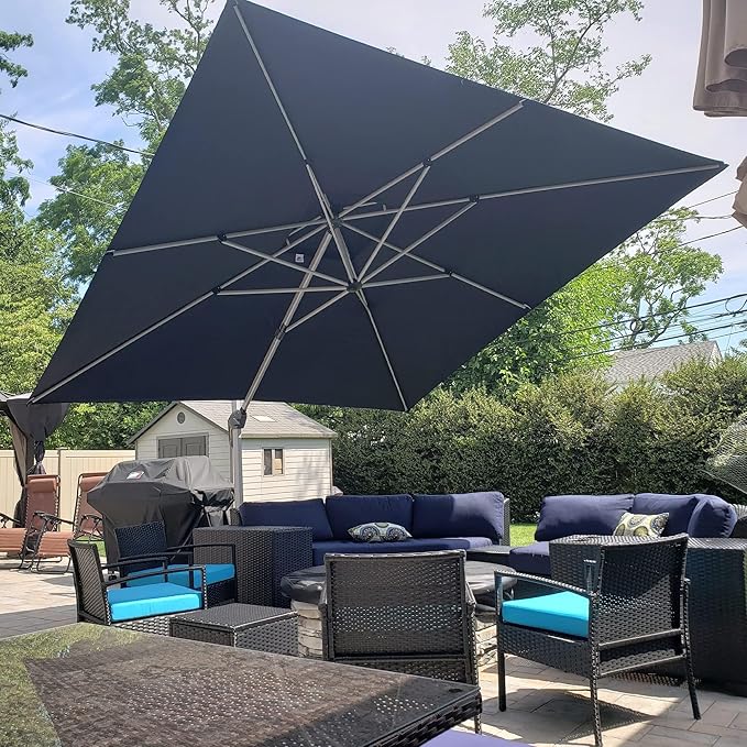 PURPLE LEAF 12 FT Cantilever Umbrellas with Base Included, Offset Umbrella with 360° Rotation, Outdoor Aluminum Pool Umbrella for Pool Lawn Garden, Grey