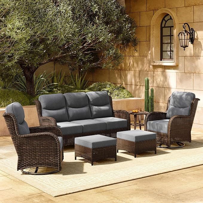 HILLGA Luxury Patio Furniture Set with 6-inch Thick Cushion, Outdoor Couch and High Back Swivel Rocker Patio Chairs, 6PCS Wicker Conversation Set for Deck Yard and Poolside, Dark Grey (V2)