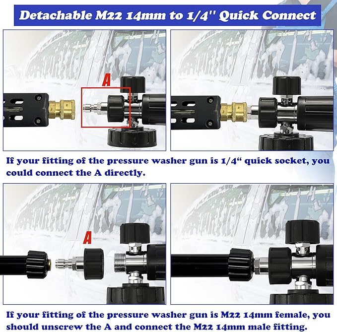 Tool Daily Pressure Washer Foam Cannon with Dual-Connector Accessory, Power Washer Double Tip Attachment For Soap Cannon, 5 Pressure Washer Sprayer Nozzles, 1/4" Quick Connect