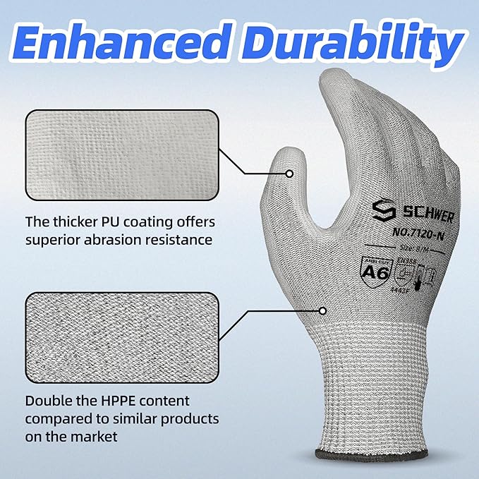 Schwer 12 Pairs ANSI A6 Cut Resistant Gloves CR7120 Cut Proof Work Gloves, Touchscreen, for Men and Women Used for Woodworking, Glass Cutting, Construction, Cargo Handling, Car Repair, L