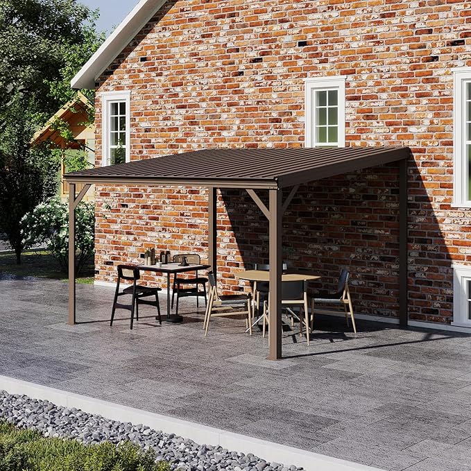 Domi 10’x12’ Wall-Mounted Hardtop Gazebo Pergola – Permanent Lean-to Outdoor Shelter with Sloped Galvanized Steel Roof & Upgraded Drainage – Grey Metal Patio Cover for Backyard, Deck, Garden，Brown