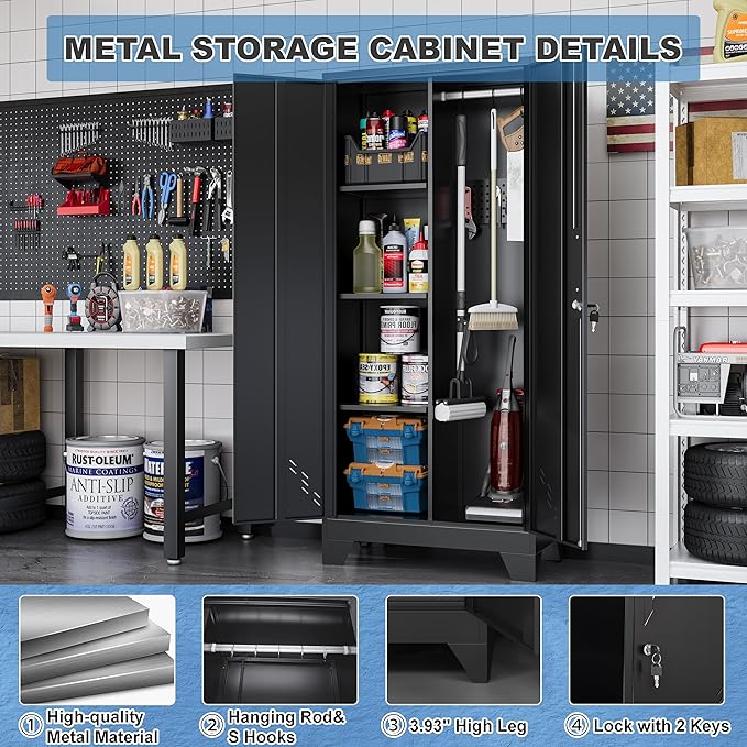 61" Outdoor Storage Cabinet, Heavy-Duty Metal Lockable Storage Shed with Ventilated Doors & Pegboard Hooks, Tool Cabinet for Garage, Garden & Patio, Easy Assembly