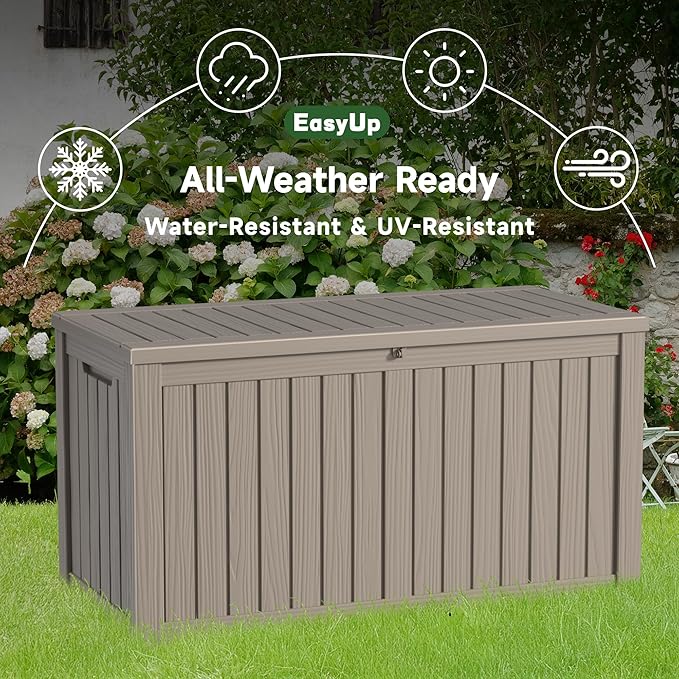 EasyUp 150 Gallon Outdoor Storage Box Waterproof, UV Resistant Resin Deck Box with Hydraulic Rod, Reinforced Stability for Patio, Garden, and Pool, Striped Gray