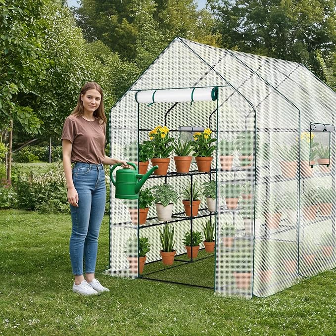 Outvita Walk-in Greenhouse, Outdoor Durable PE Plant Green House for Frost Protection with 3 Tiers 12 Shelves, Shelf Clips, Roll-up Zipper Door, 56"x85"x77" White