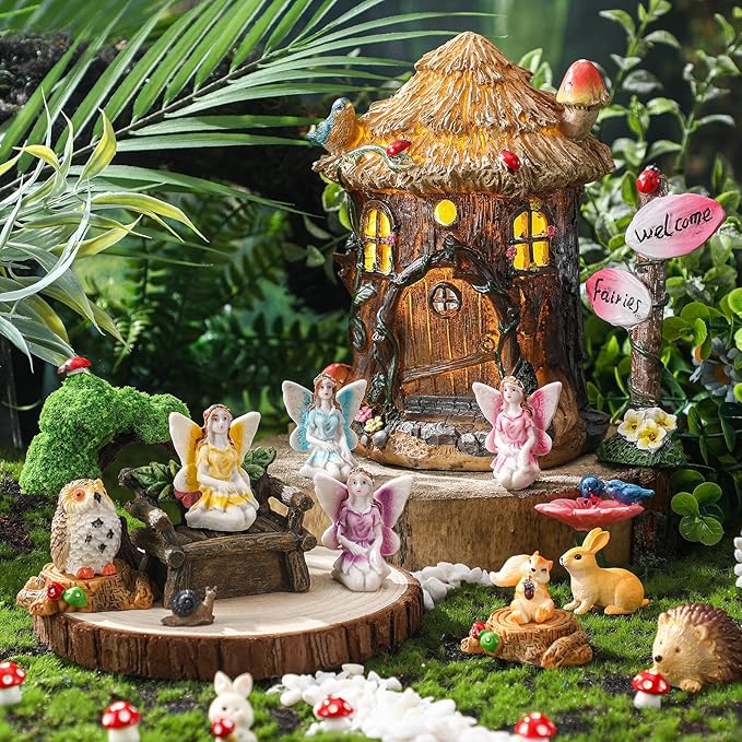 Leyndo 28 Pcs Solar House Garden Accessories Fairy Light up Fairy Figures Garden Kit Resin Miniature Mushroom House Figures Micro Landscape Ornaments(Retro)
