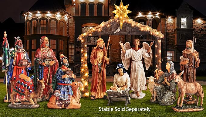 Complete 12pc Outdoor Nativity Set 51" Tall - Lifelike High Res, Sturdy 22 Gauge Flat Metal, Strong Windguard Bracing. Includes Baby Jesus, Joseph, Mary, Shepherds, Wisemen, Animals