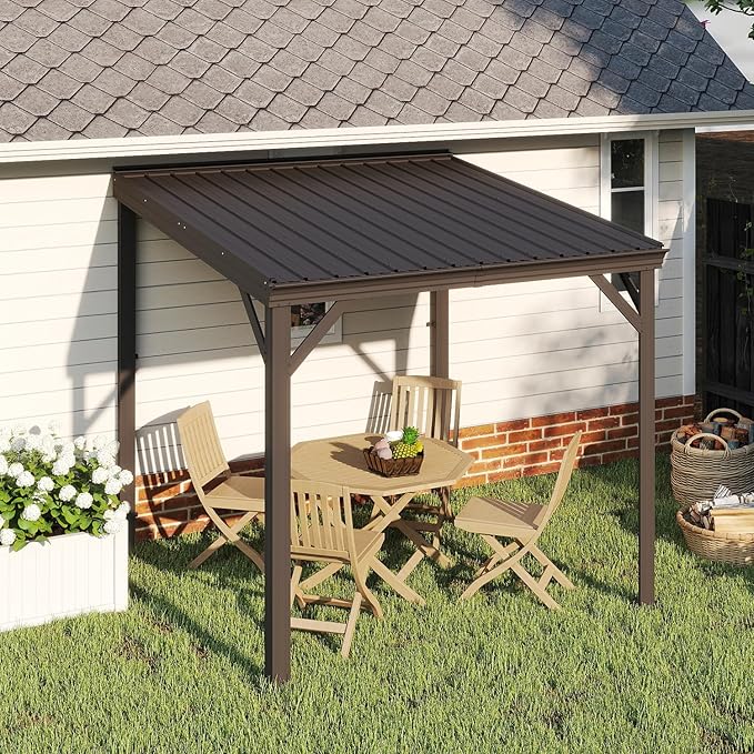 Domi 8’ x 8’ Wall-Mounted Hardtop Gazebo Pergola – Permanent Lean-to Outdoor Shelter with Sloped Galvanized Steel Roof & Upgraded Drainage – Grey Metal Patio Cover for Backyard, Deck, Garden, Brown