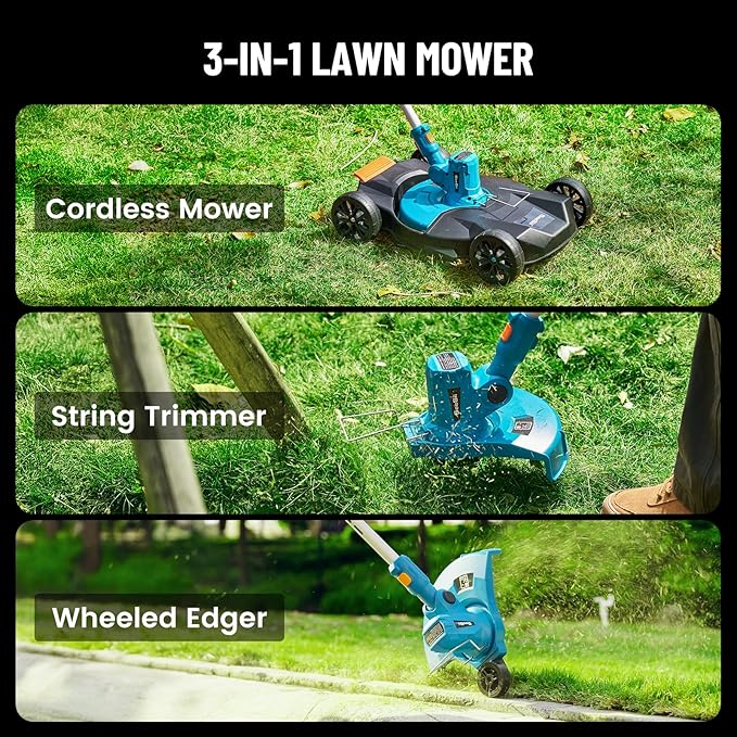 Seesii String Trimmer : 12’’ Cordless Weed Wacker & Edger with 2 * 4.0Ah Batteries - Electric Lawn Mower with 1.3’’/2.1’’ Adjustable Deck - 3-in-1 Battery Lawn Mower for Garden/Yard