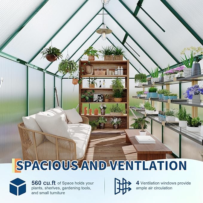 6X9 ft Polycarbonate Greenhouse with Aluminum Frame, Polycarbonate Greenhouse for Outdoors, Greenhouses with Ventilation, Aluminum Large Walk-in Greenhouses for Outside