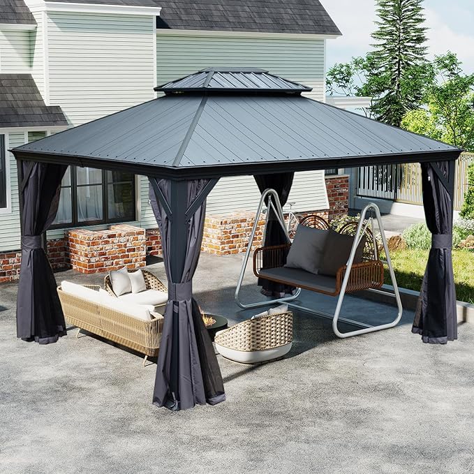 Domi 12’x14’ Outdoor Gazebo Hardtop with Gutters, Patio Gazebo Canopy with Resin & Metal Roof, Heavy Duty Permanent Pavilion for Backyard, Deck, Hot Tub, Garden, Curtains and Mosquito Netting Included