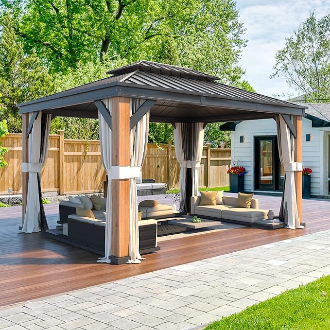 YOLENY 12'x16' Hardtop Gazebo Ultra-Thick Columns and Beams, Gazebo with Wood Grain Aluminum Frame, Galvanized Steel Roof, Permanent Metal Pavilion with Netting and Curtains for Backyard and Patio