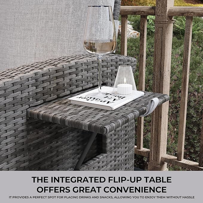 Indoor Outdoor Wicker Recliner Chair with Flip-Up Table Air Pump 155° Lay Flat, Adjustable Wicker Lounge Recliner Chair with Independently Backrest and Footrest