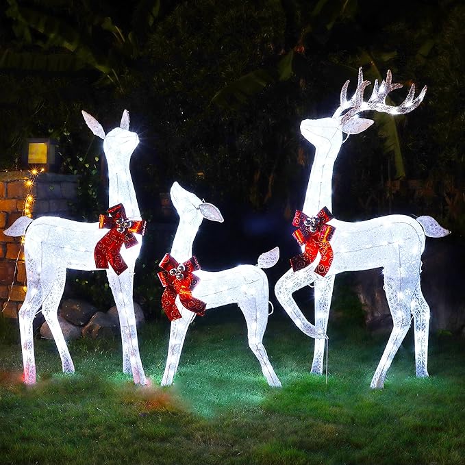 Lulu Home Christmas Yard Decoration, Set of 3 Pre-lit White Reindeer with 265 LEDs White Lights, 3D Light Up Glittered Standing Reindeer Family for Xmas Lighted Holiday Display Indoor Outdoor