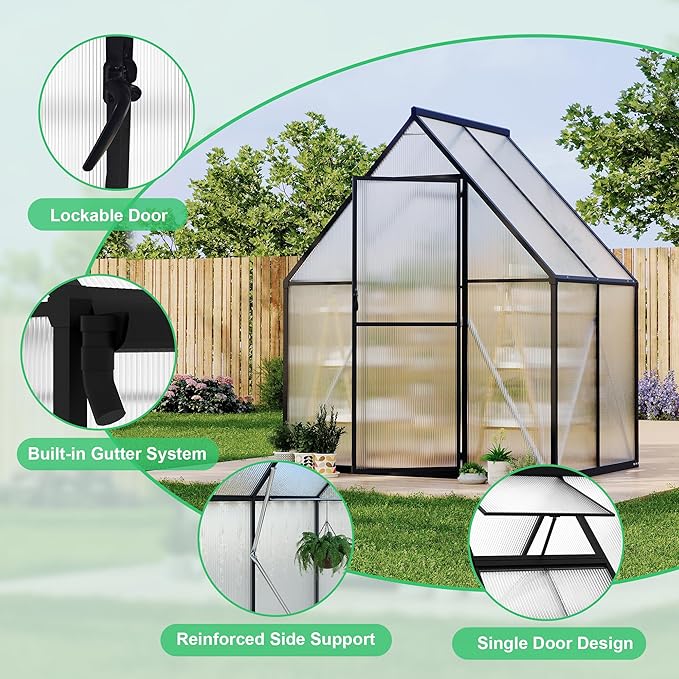 6X4 ft Polycarbonate Greenhouse with Aluminum Frame, Polycarbonate Greenhouse for Outdoors, Greenhouses with Ventilation and Rain Gutter, Aluminum Large Walk-in Greenhouses for Outside