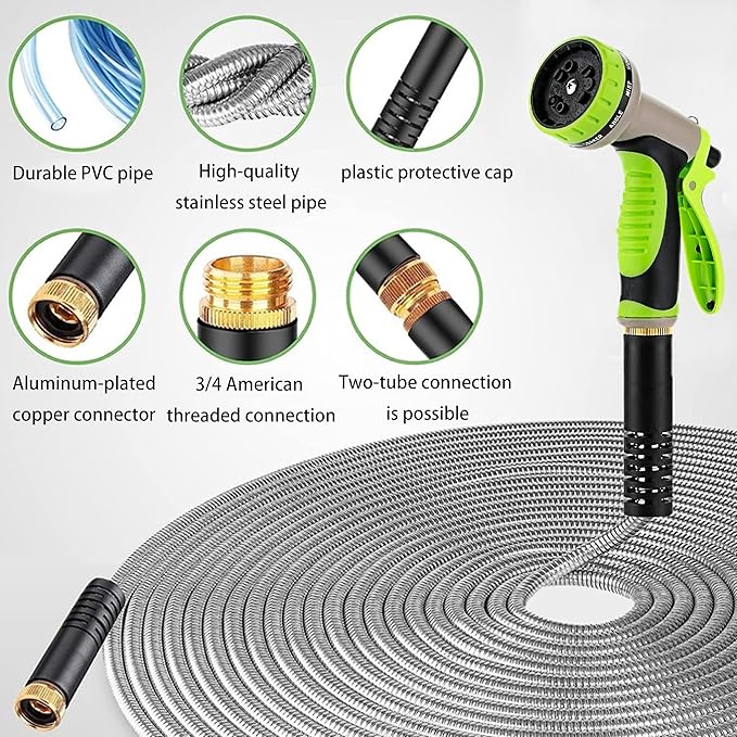 Stainless Steel Garden Hose 100FT with 10 Functione Nozzle, No Kink, Leak-Proof, Lightweight and Flexible Metal Garden Hose for Lawn, Car, RV, Outdoor Watering, Pet Bathing