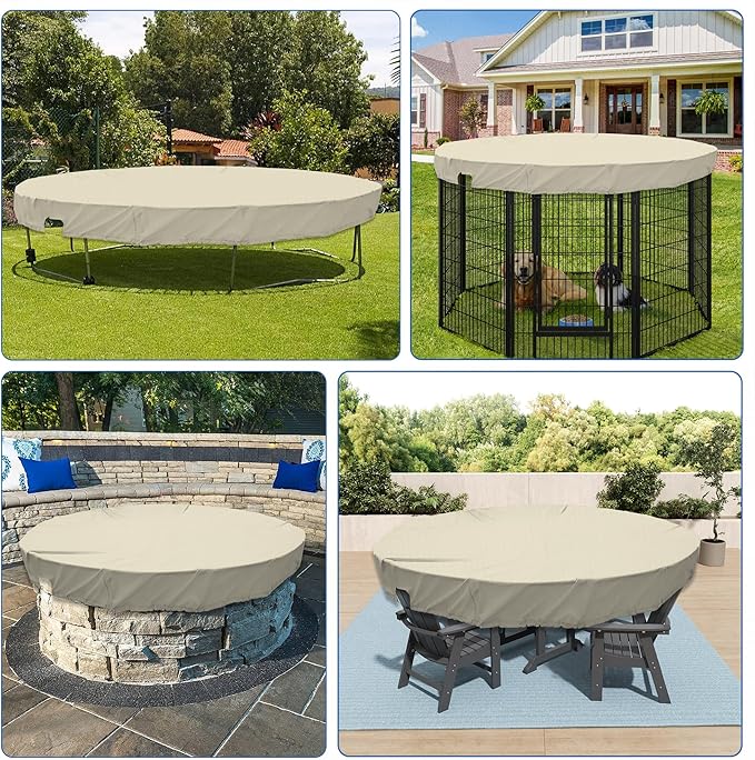 ECOOPTS 7 ft Waterproof Round Polyester Pool Cover for Above Ground Pools, Swimming Pool Cover Protector Winter Safety Cover (Beige)