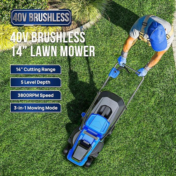 Wild Badger Power 40V 14" Cordless Lawn Mower, Up to 1600sq.ft, Brushless Motor, 5 Height Settings, Bagging & Mulching, Quick-Fold, 4.0Ah Battery & Fast Charger Included
