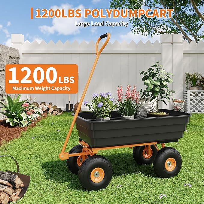 All-Terrain Garden Dump Cart with Removable Bed | 1200Lb Heavy Duty Utility Wagon for Yard Work | 180° Pivoting Handle for Easy Control | Hauls Soil, Plants, Tools with Ease